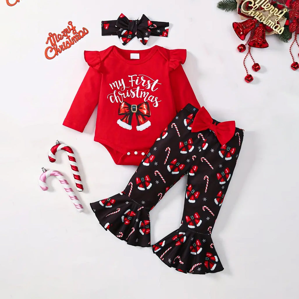 3PCS My First Christmas Letter Bow Printed Long Sleeve Baby Set