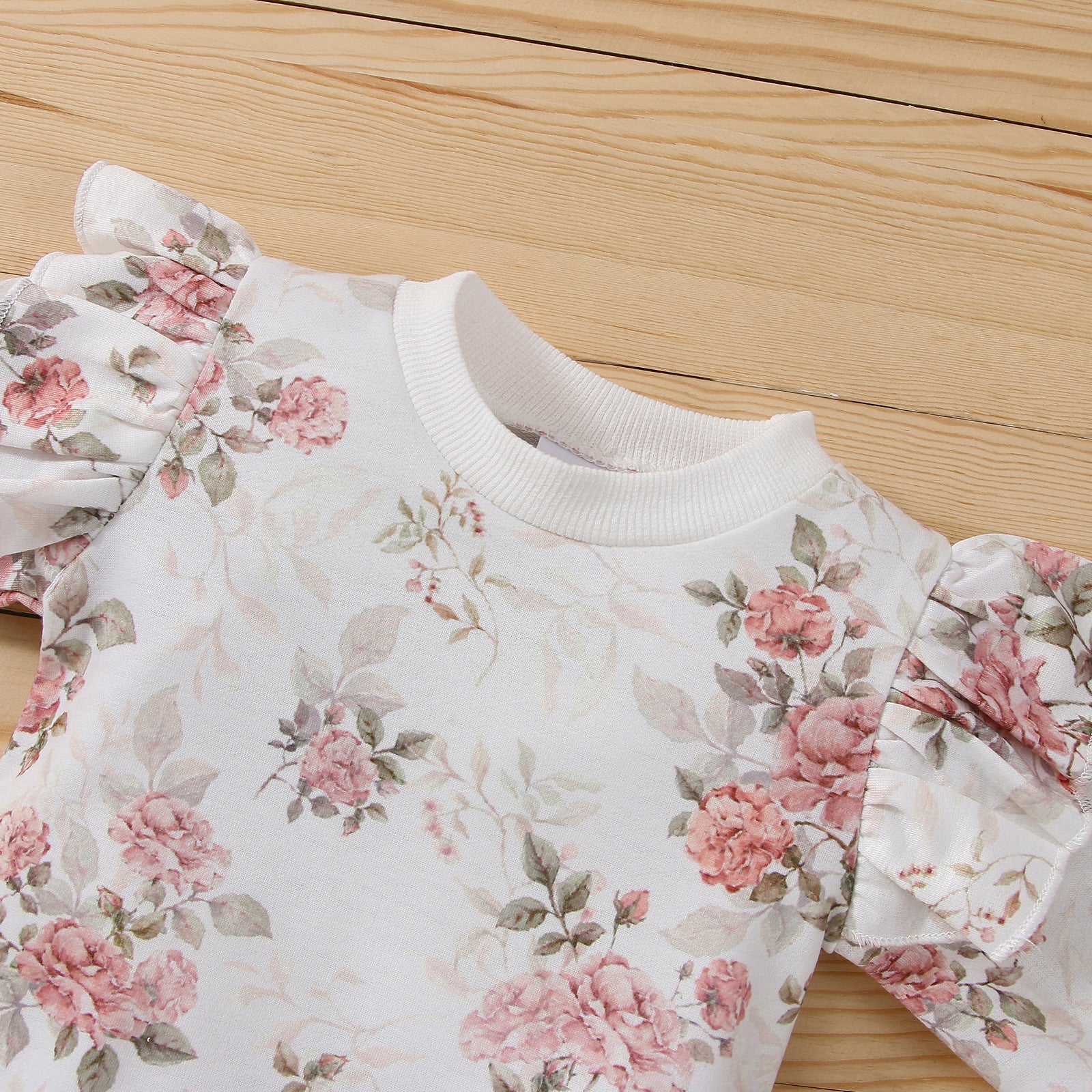 2PCS Stylish Floral Printed Ruffled Long Sleeve Baby Set