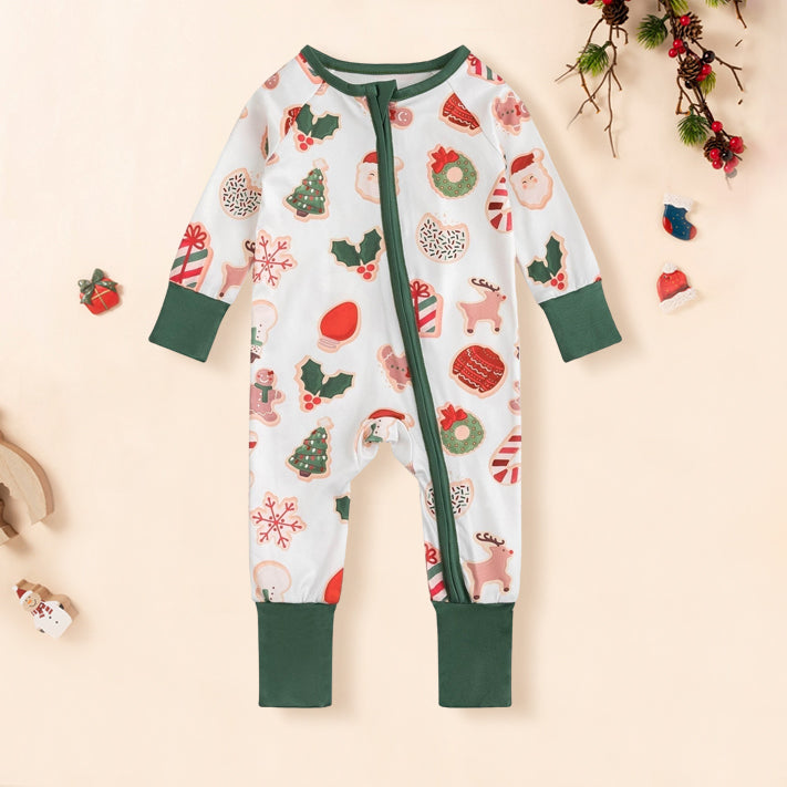 Stylish Christmas Printed Long Sleeve Zipper Baby Jumpsuit