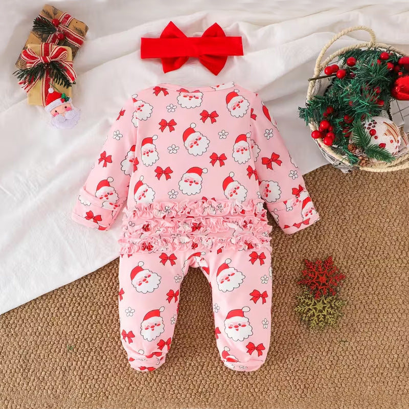 2PCS Christmas Santa Claus Printed Long Sleeve Zipper Baby Jumpsuit