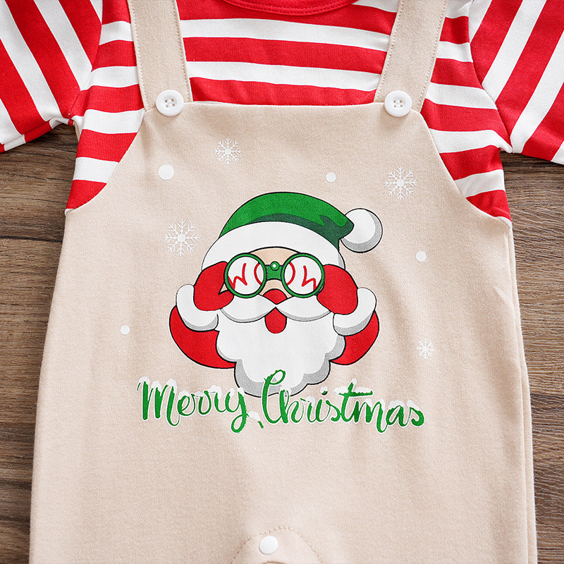 Merry Christmas Santa Claus Letter Stripe Printed Long Sleeve Baby Jumpsuit