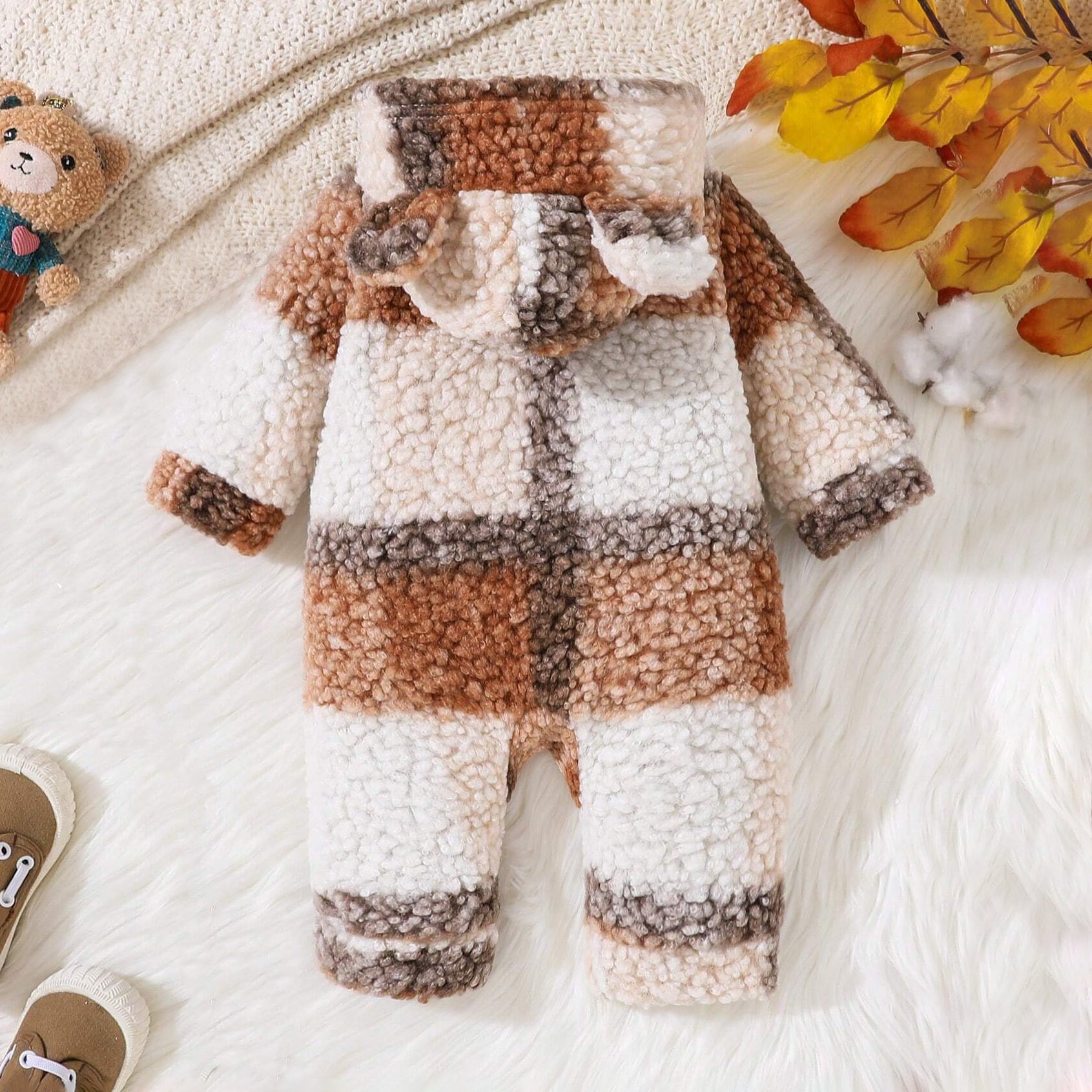 Warm Plush Plaid Printed  Long Sleeve Hooded Baby Jumpsuit