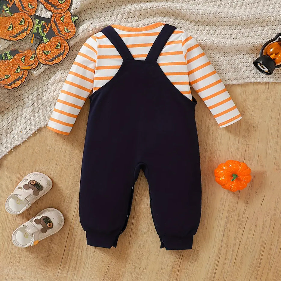 Stylish Stripe Pumpkin Printed Long Sleeve Baby Jumpsuit