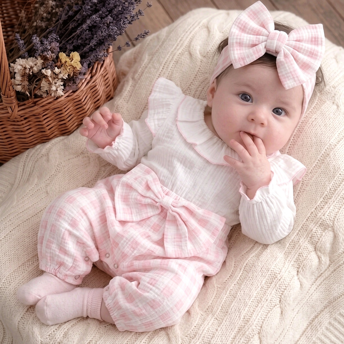 2PCS Pretty Baby Girl Plaid Print Bow Long Sleeve Jumpsuit