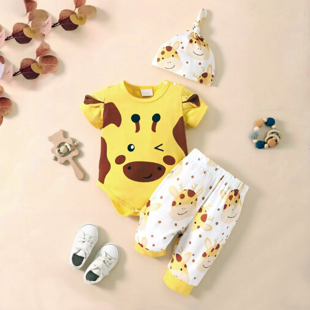 3PCS Adorable Giraffe Print Short Sleeve Baby Set