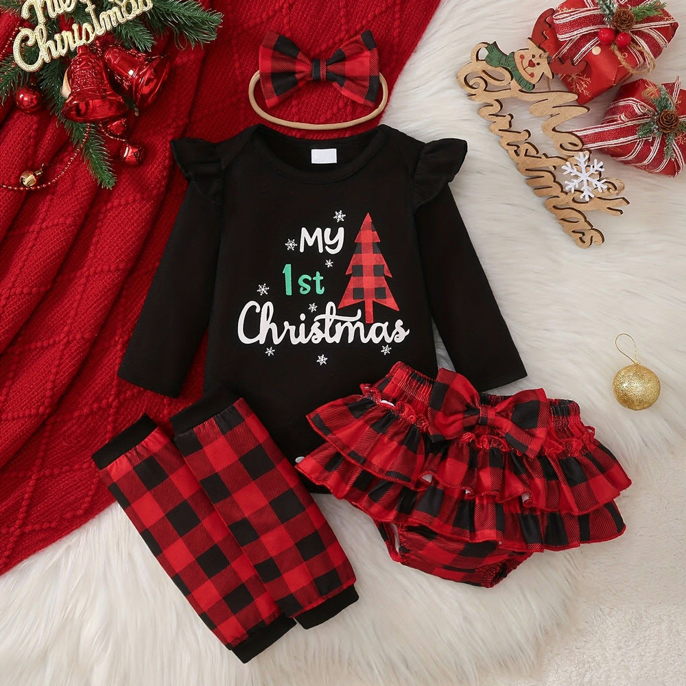 4PCS Baby Girl My 1st Christmas Letter Plaid Print Long Sleeve Set