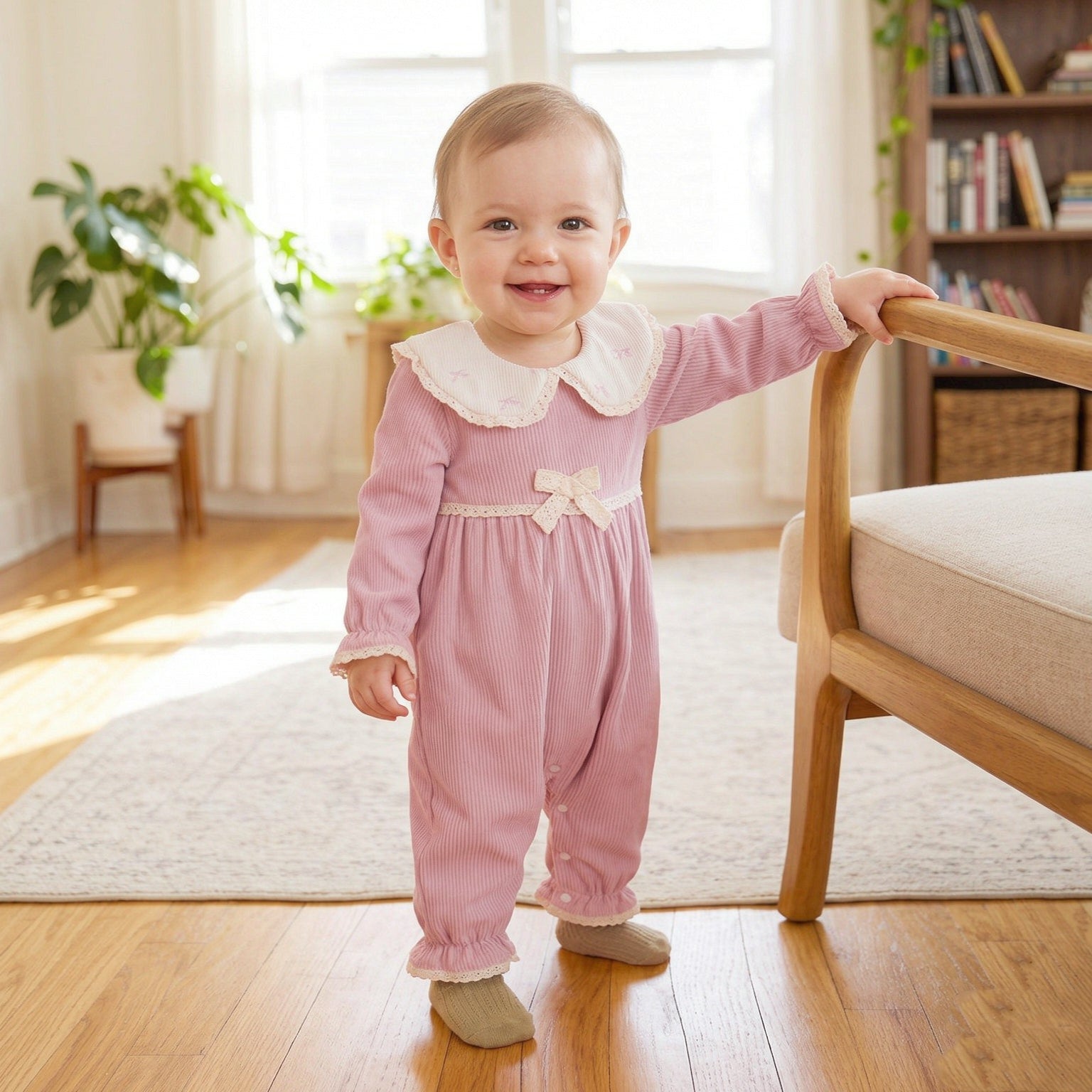 Elegant Bow Embroidery and Lace Trim Long Sleeve Baby Jumpsuit