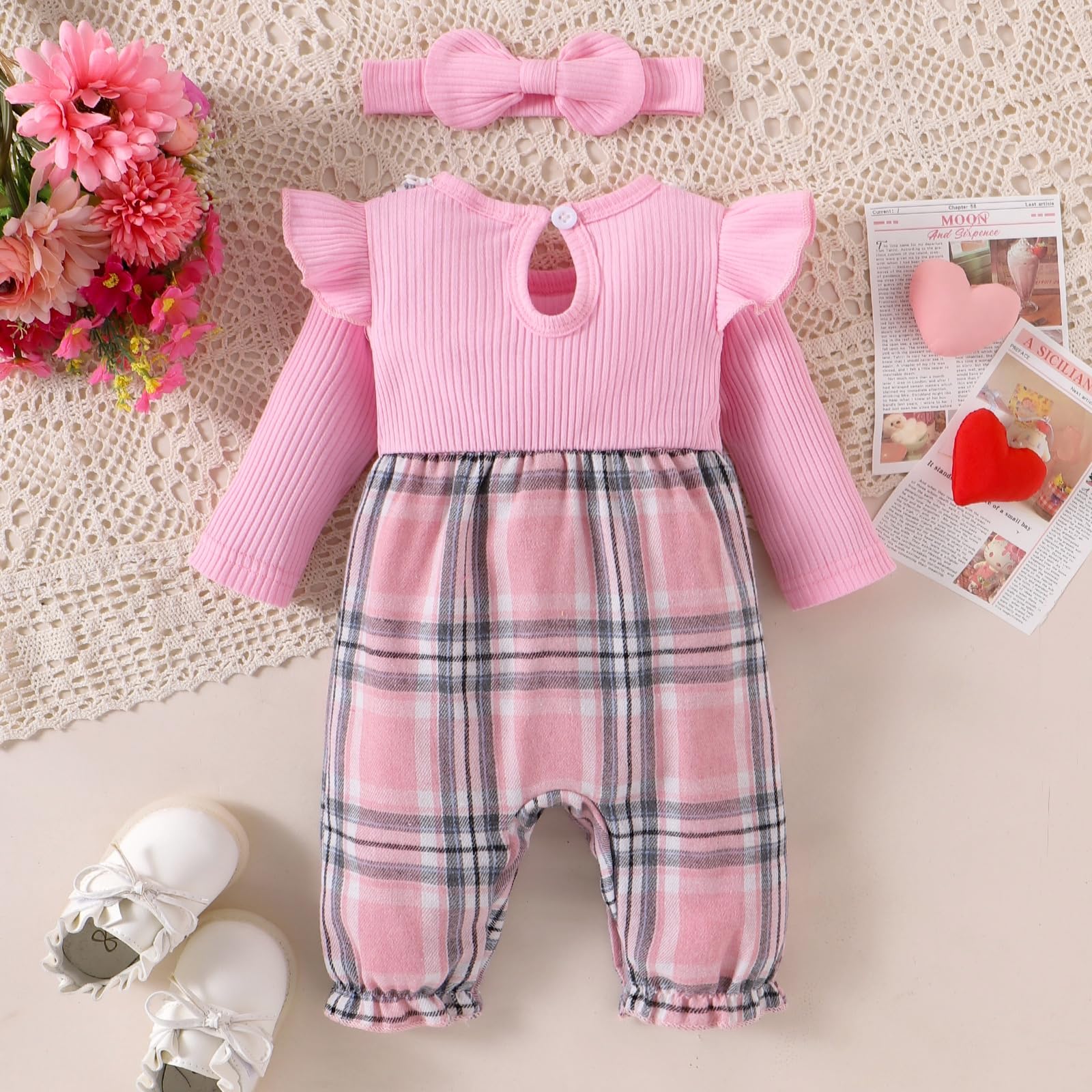 2PCS Sweet Plaid Printed Bowknot Long Sleeve Baby Jumpsuit