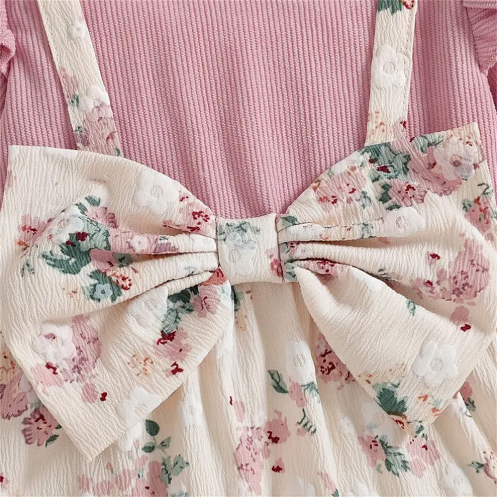 2PCS Floral Print Bow Decor Long Sleeve Baby Jumpsuit