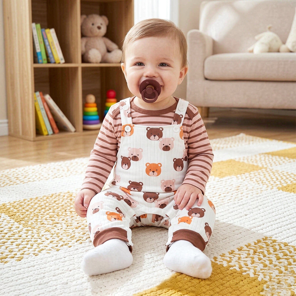2PCS Stripe Print Romper and Bear Print Overalls Baby Set