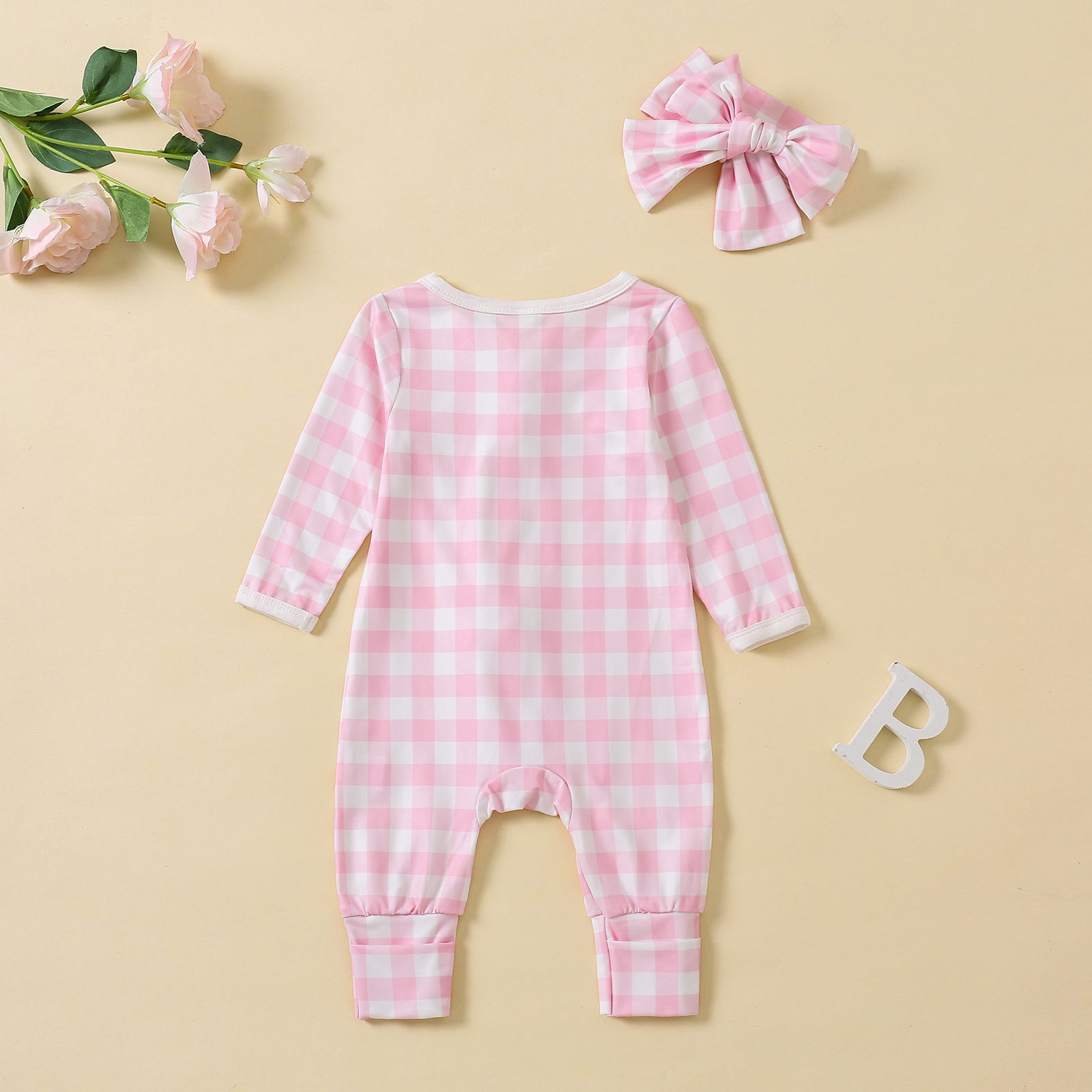 2PCS Lovely Plaid Printed Long Sleeve Baby Jumpsuit