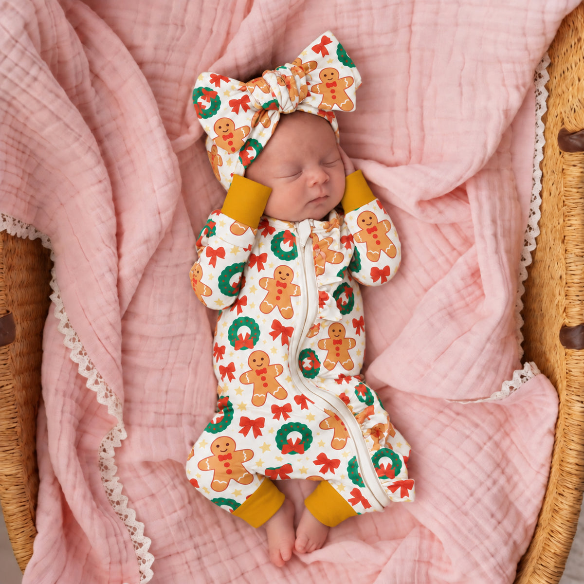 2PCS Cozy Gingerbread Bow Print Long Sleeve Zipper Baby Jumpsuit