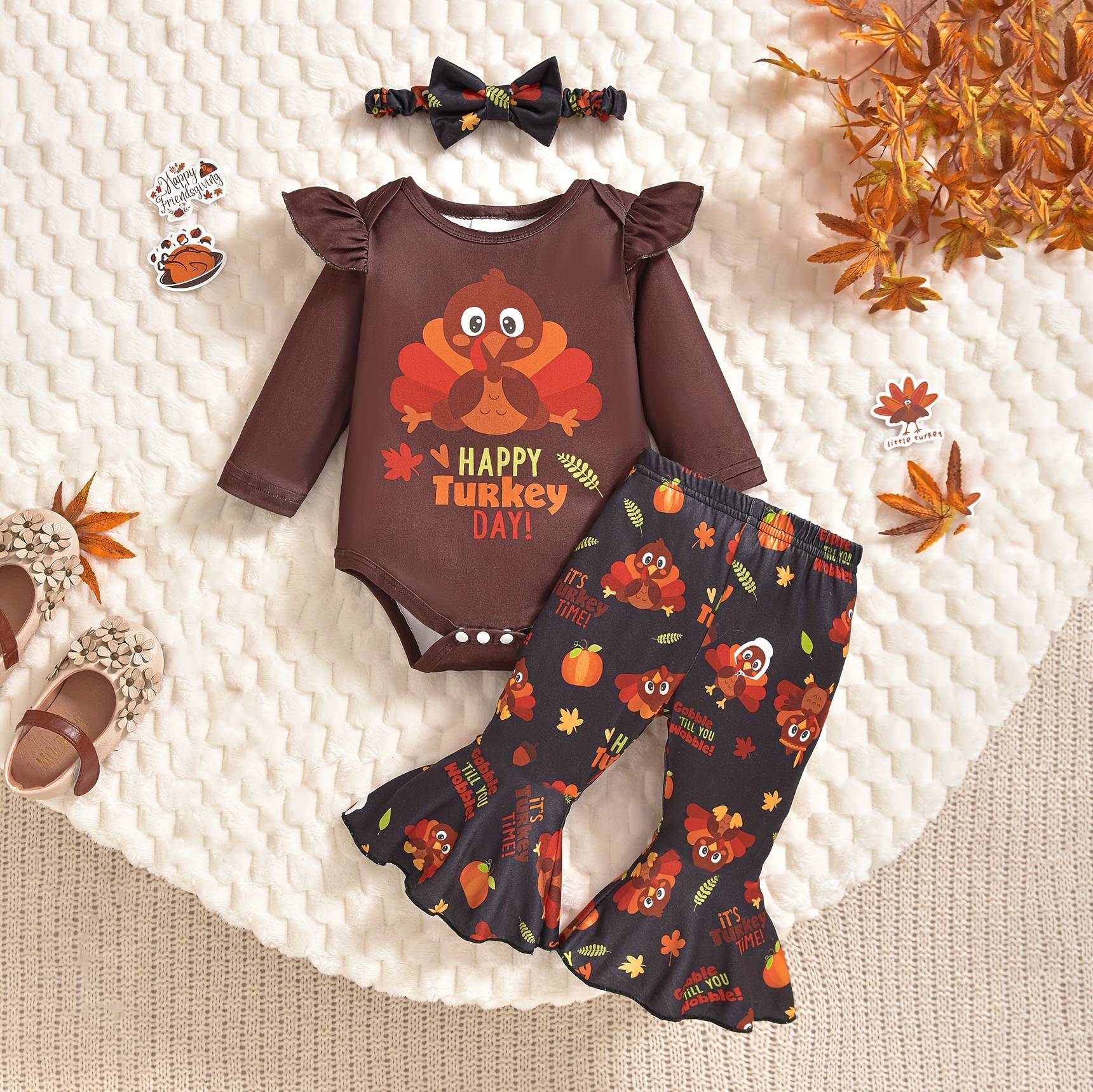 3PCS Happy Turkey Day Letter Turkey Printed Flared Trousers Baby Set