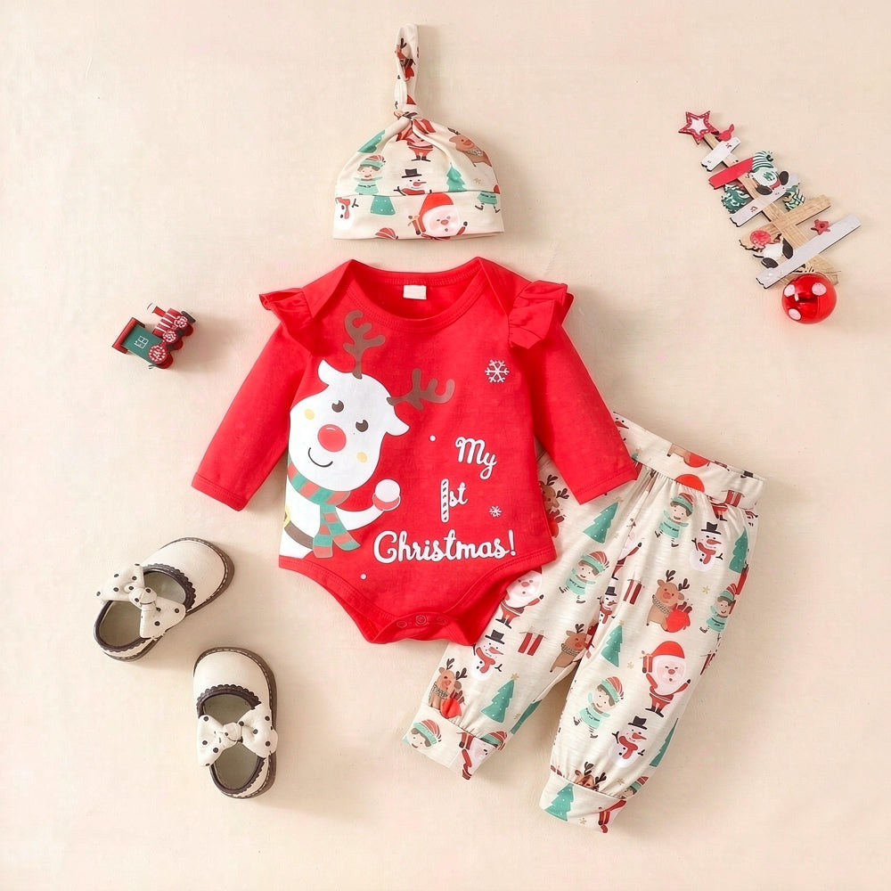 3PCS My 1st Christmas Letter Reindeer Printed Long Sleeve Baby Set