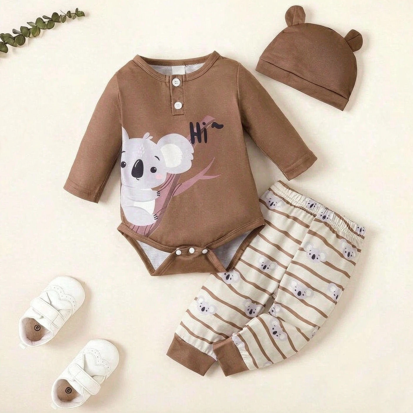 3PCS Timeless Koala Stripe Printed Long Sleeve Baby Set