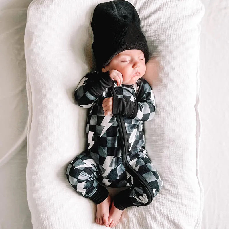 Stylish Checkered Lightning Printed Long Sleeve Baby Jumpsuit