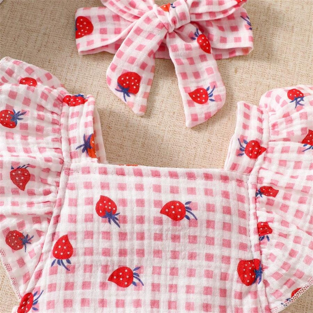 2PCS Strawberry Plaid Printed Flutter Sleeve Baby Romper
