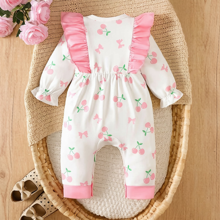 Pretty Cherry and Bow Print Ruffle Trim Long Sleeve Baby Jumpsuit