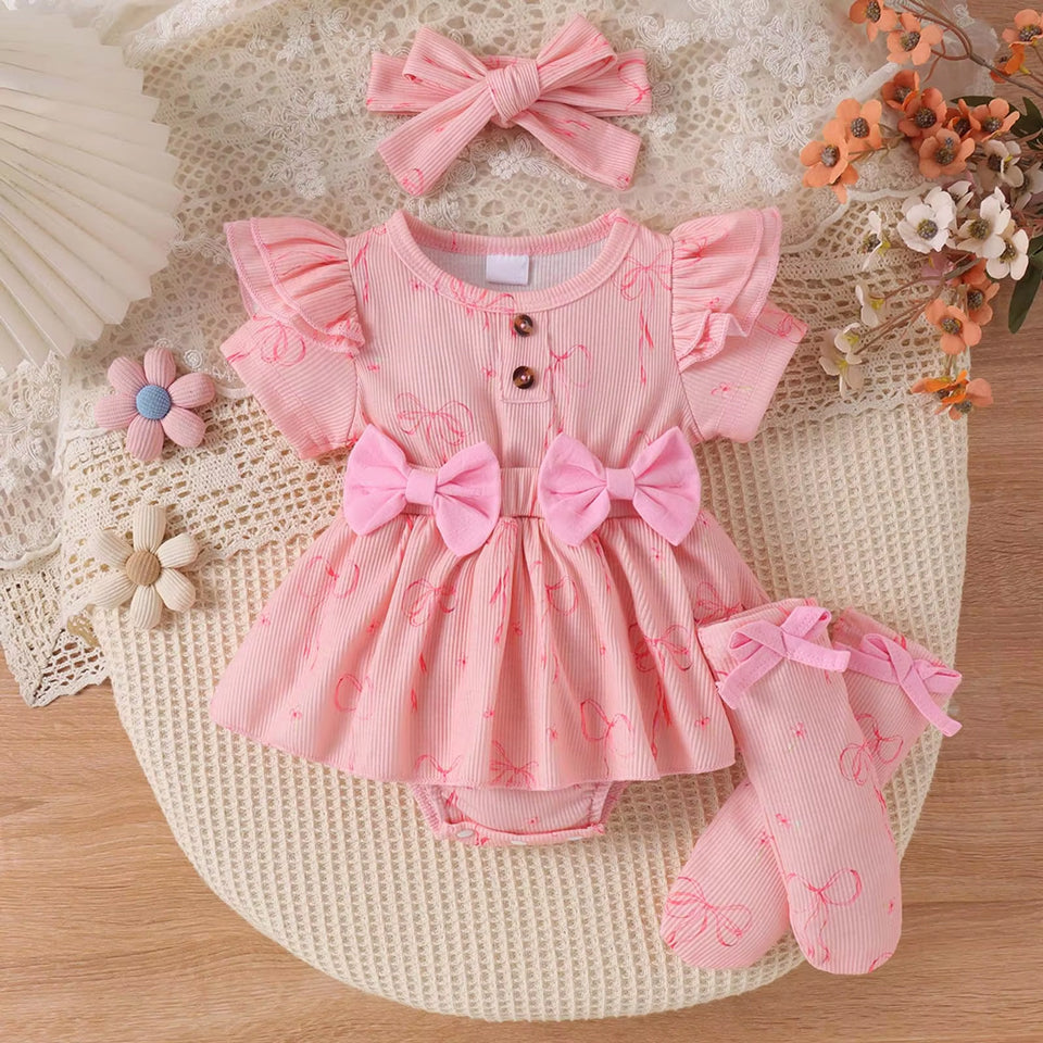 3PCS Pretty Bow Print Short Sleeve Baby Girl Romper