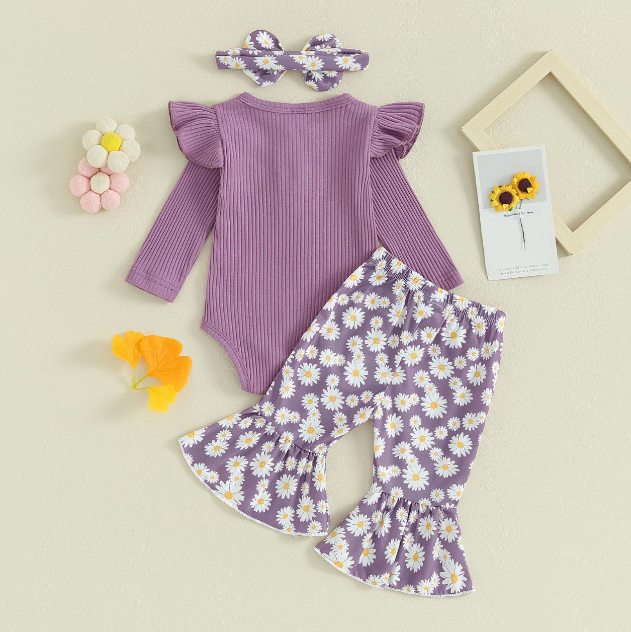 3PCS Rib Frill Long Sleeve Romper Daisy Flared Pants Baby Set