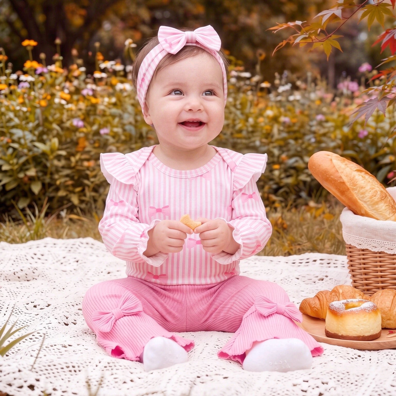 4PCS Lovely Bow Stripe Print Long Sleeve Baby Set