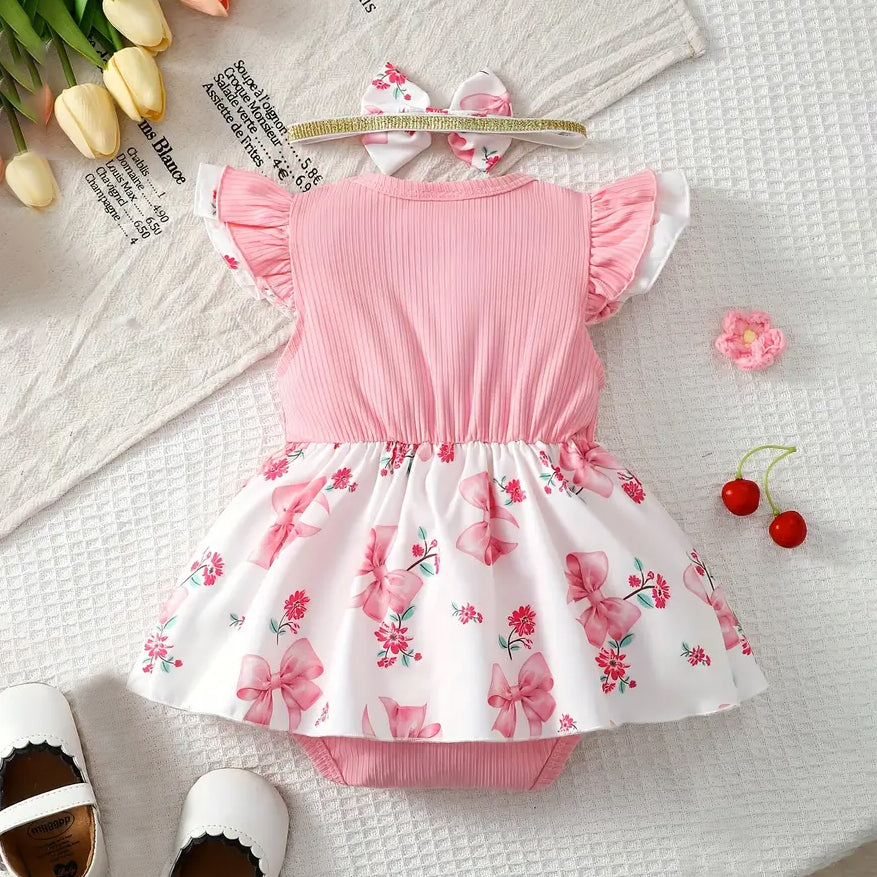 2PCS Sweet Bow Floral Print Sleeveless Baby Romper