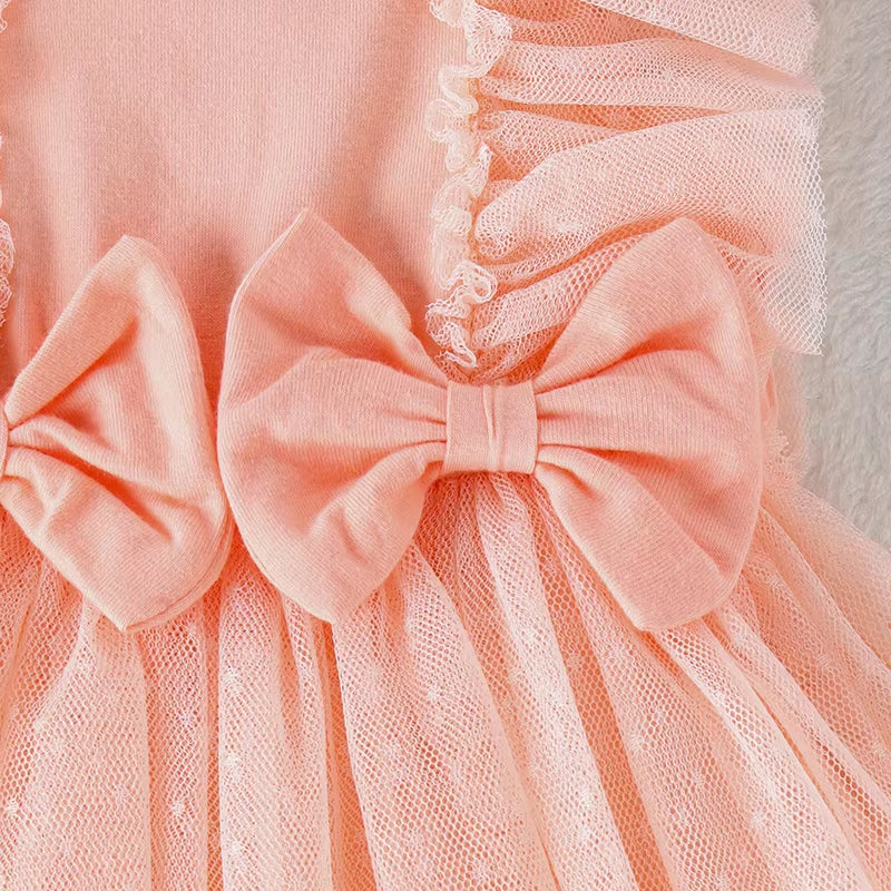 Sweet Solid Color Bow Mesh Flounce Sleeve Baby Romper