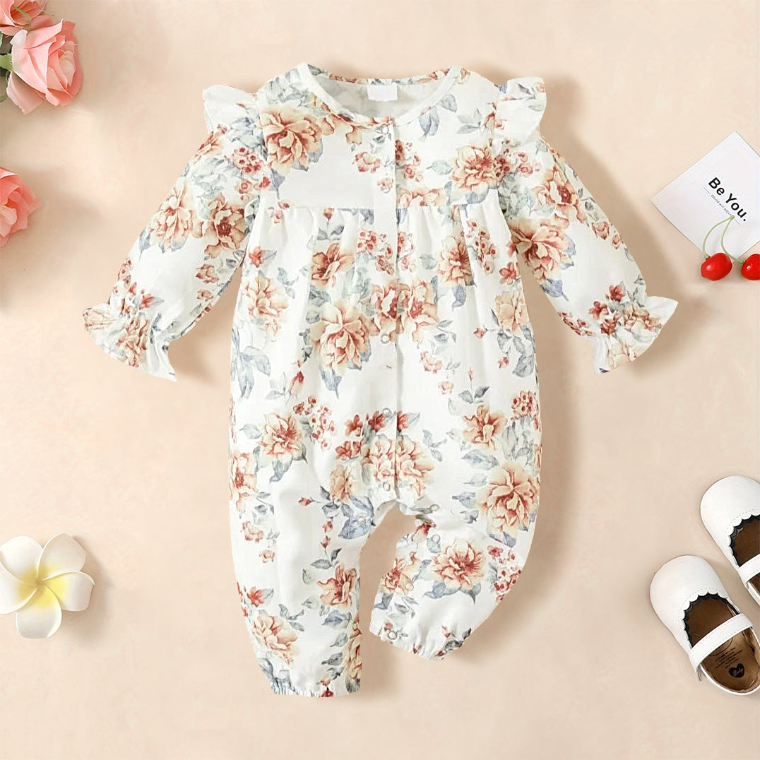 Pretty Floral Printed Long Sleeve Baby Girl Jumpsuit