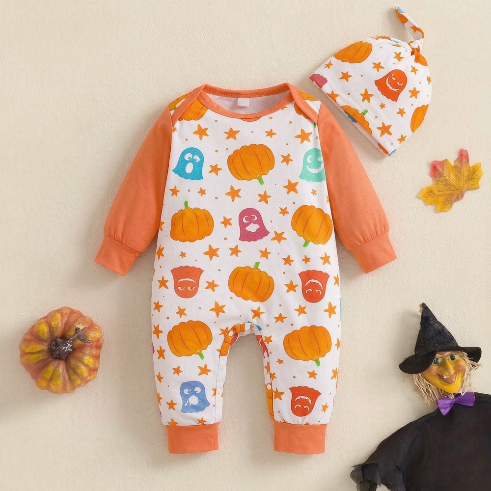 2PCS Cute Pumpkin and Ghost Print Long Sleeve Baby Jumpsuit