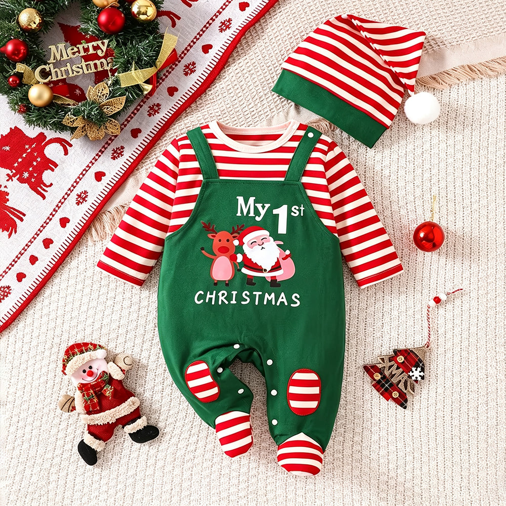 2PCS My 1st Christmas Letter Santa Stripe Print Faux Layering Baby Jumpsuit