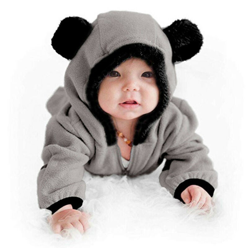 Newborn Baby Boy Girl Solid Color Cartoon 3D Bear Ear Long Sleeve Velvet Hoodie Jumpsuit