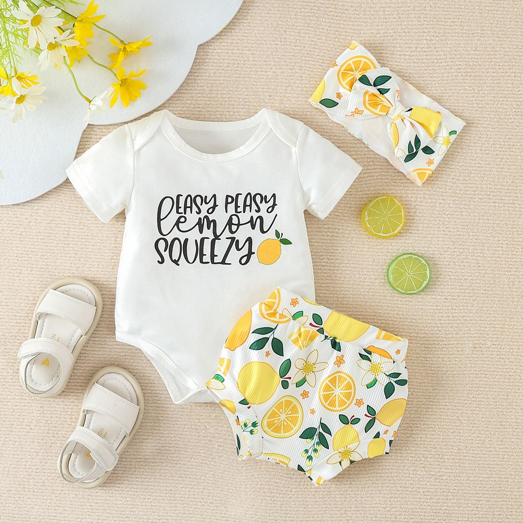 3PCS Lovely Lemon Printed Short Sleeve Baby Set