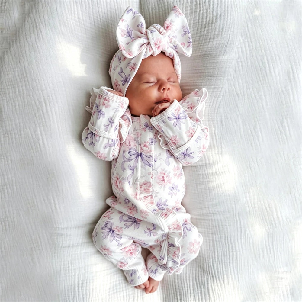 2PCS Graceful Floral Bow Printed Long Sleeve Baby Jumpsuit