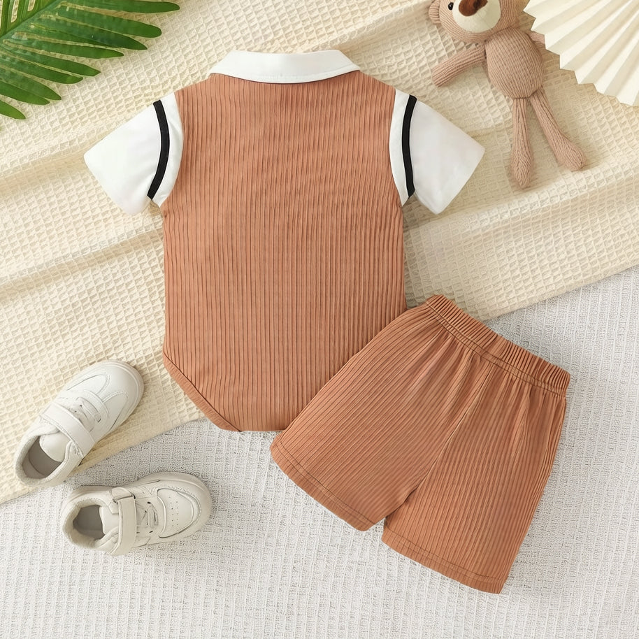 2PCS Preppy Style 3D Chenille Bear Patch Short Sleeve Baby Set