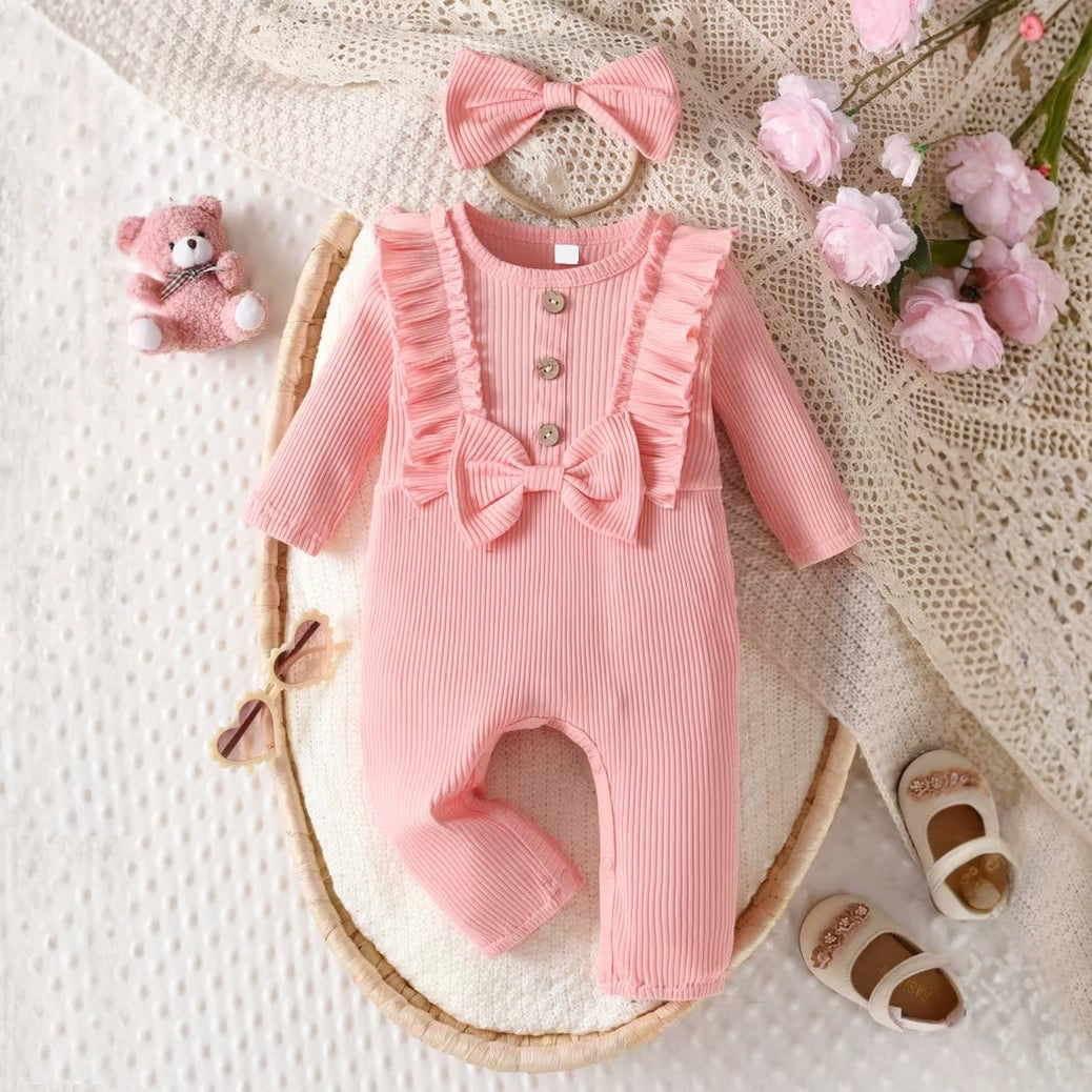 2PCS Comfy Solid Color Bowknot Long Sleeve Baby Jumpsuit