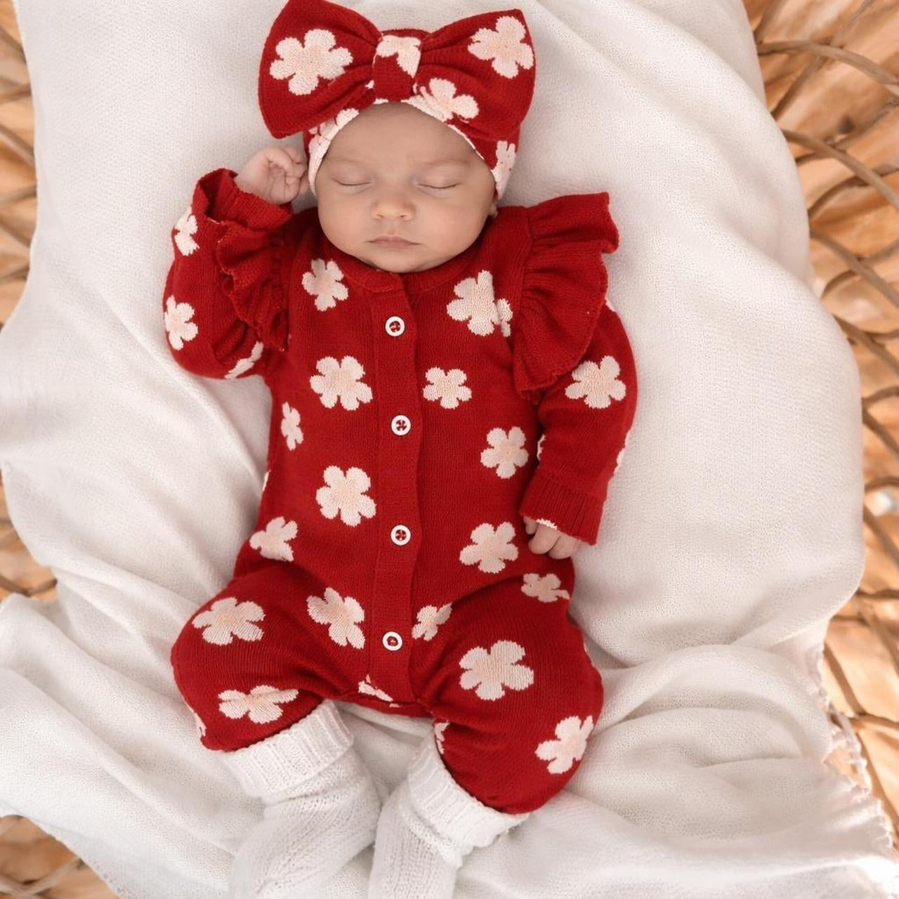 2PCS Delightful Floral Printed Knit Long Sleeve Baby Jumpsuit