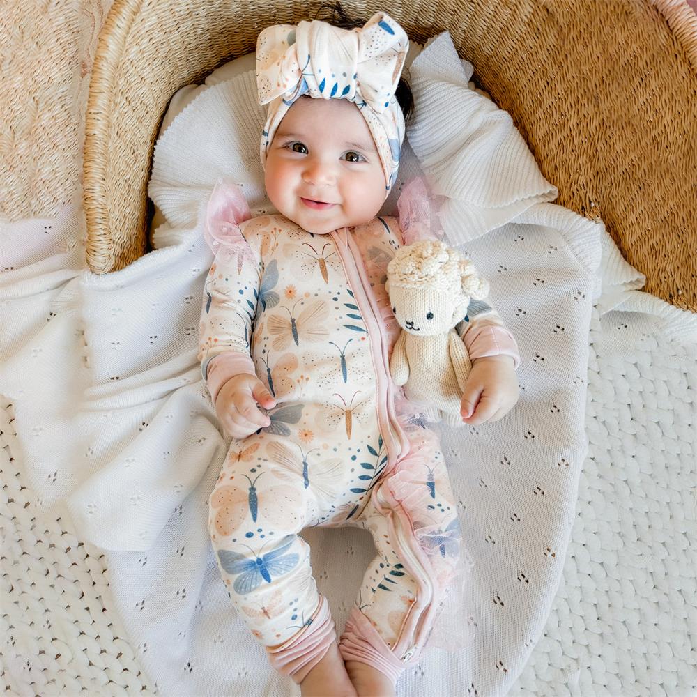 2PCS Butterfly Printed Lace Frills Long Sleeve Zipper Baby Jumpsuit