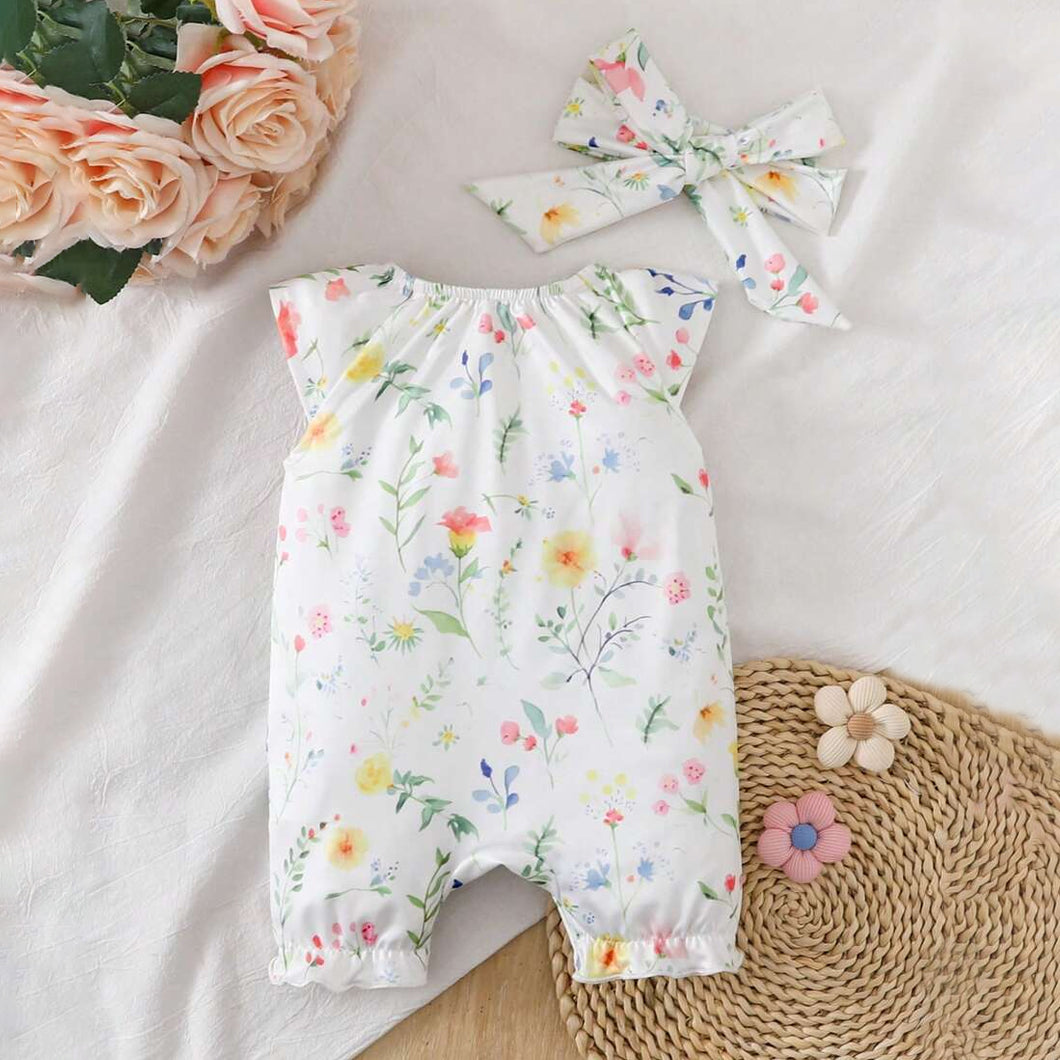 2PCS Fresh Floral & Plant Printed Short Sleeve Baby Jumpsuit