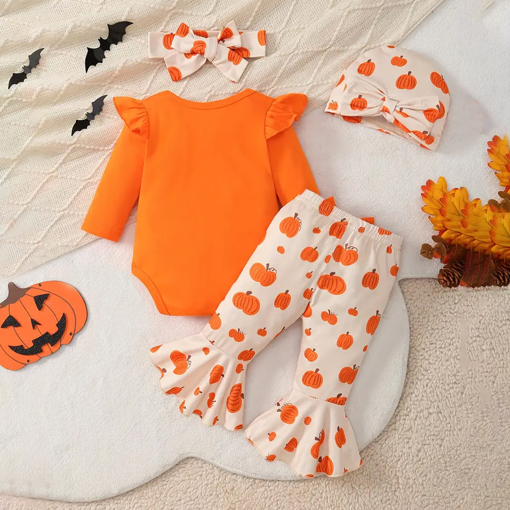4PCS Adorable Pumpkin Printed Halloween Baby Set