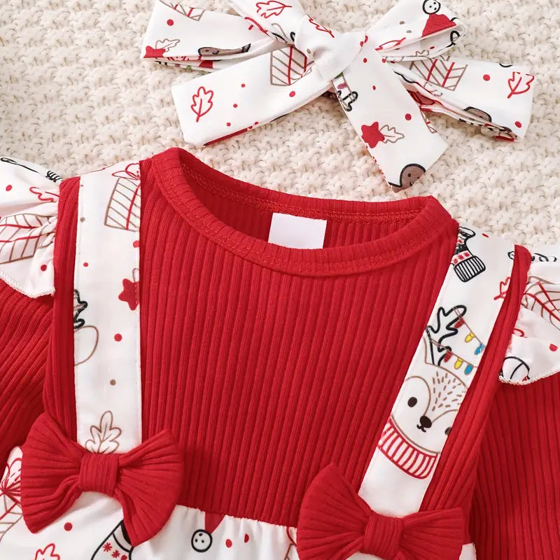 2PCS Christmas Animal Printed Long Sleeve Baby Jumpsuit