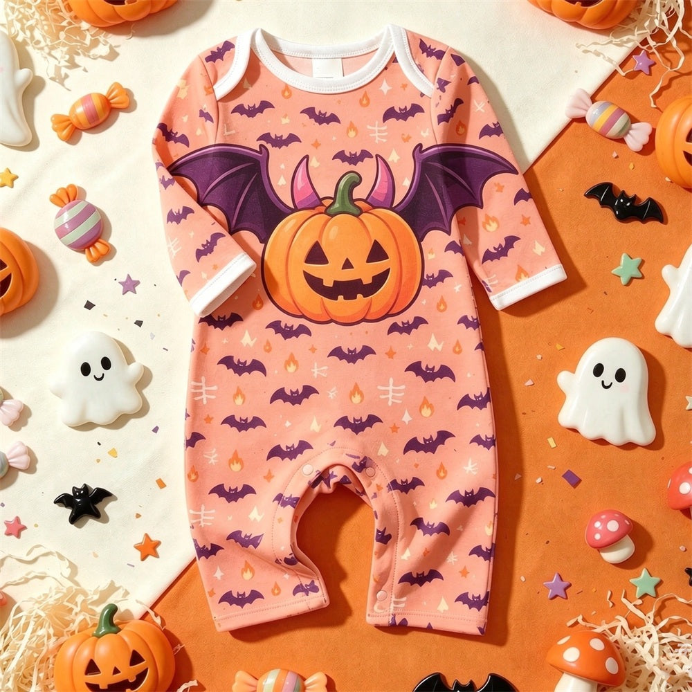 Lovely Halloween Bat Pumpkin Print Long Sleeve Baby Jumpsuit