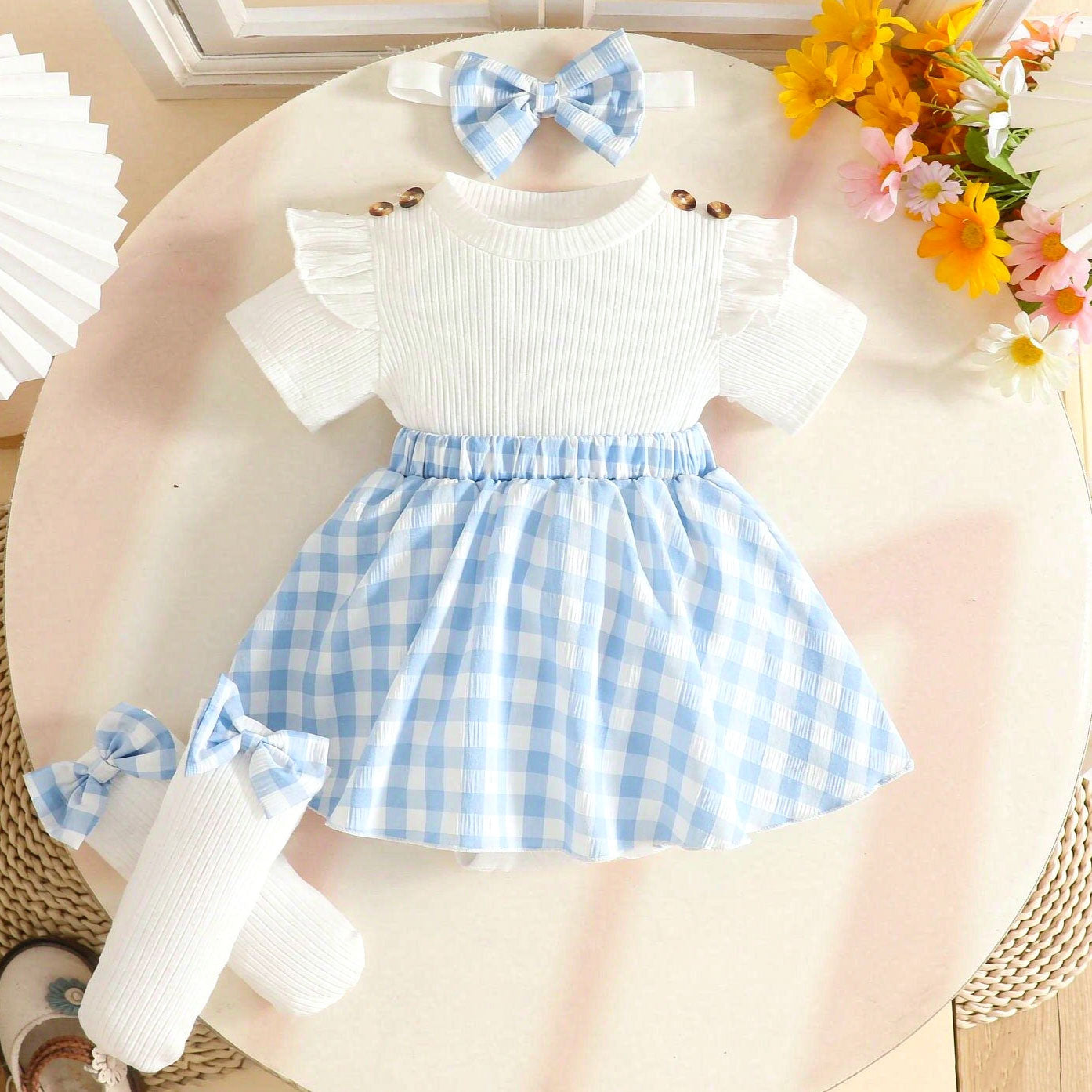 3PCS Sweet Color Block Plaid Printed Short Sleeve Baby Romper