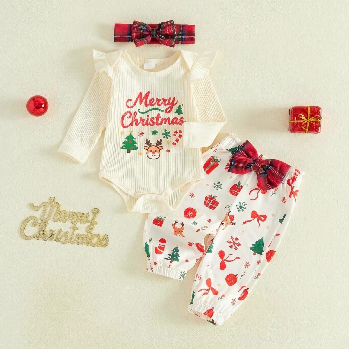 3PCS Merry Christmas Letter Holiday Print Long Sleeve Baby Girl Set