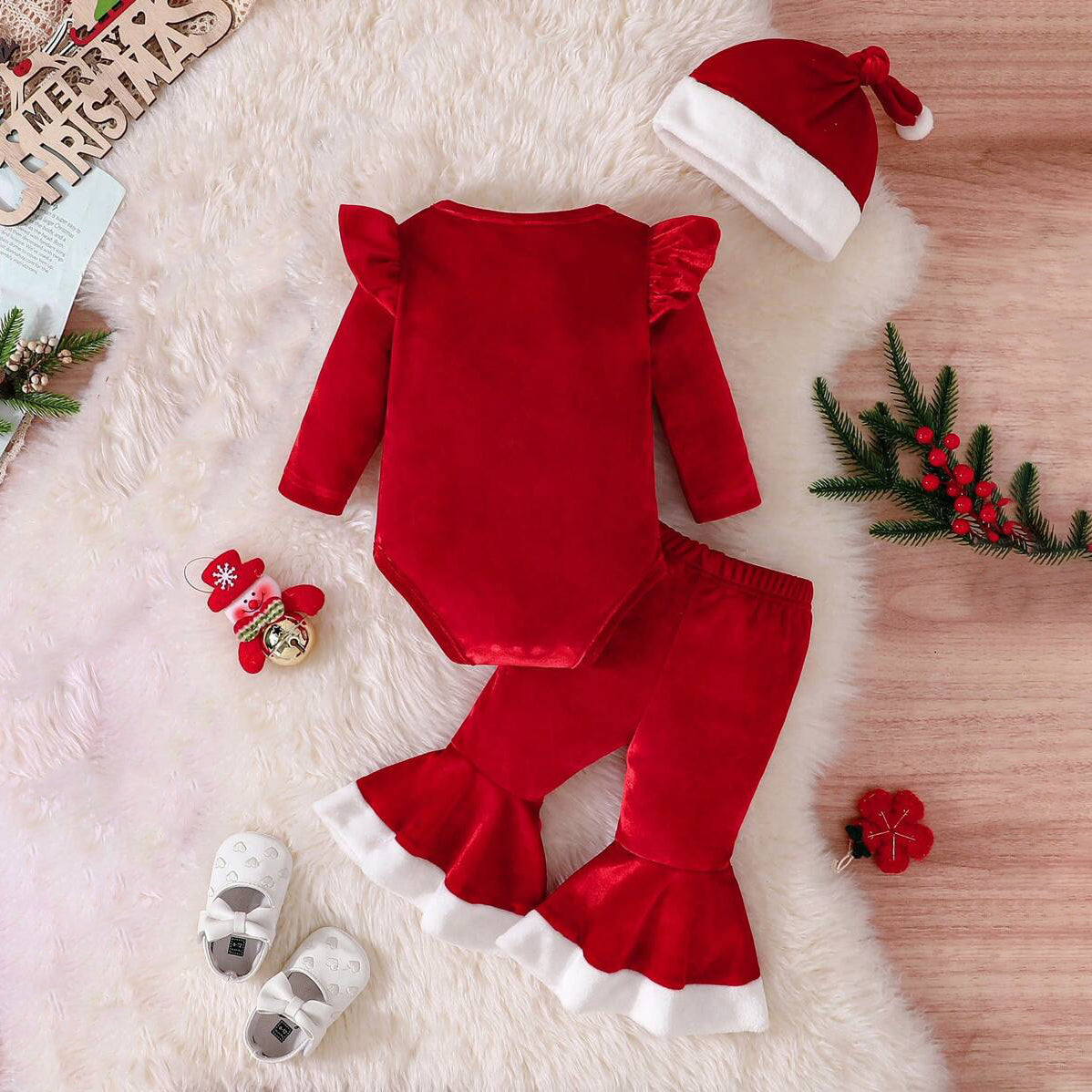 3PCS Merry Christmas Letter Printed Flare Pants Baby Set