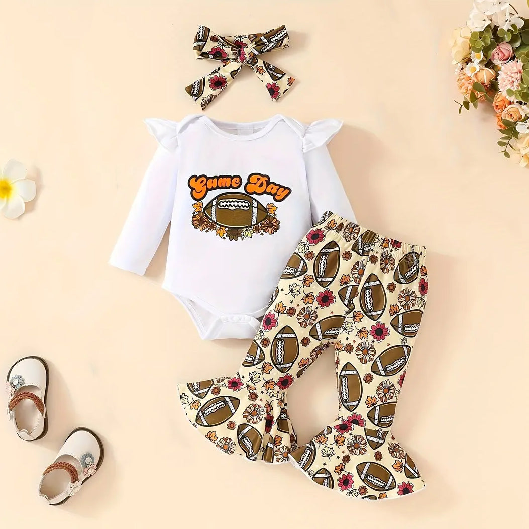 3PCS Game Day Letter Football and Floral Printed Long Sleeve Baby Set