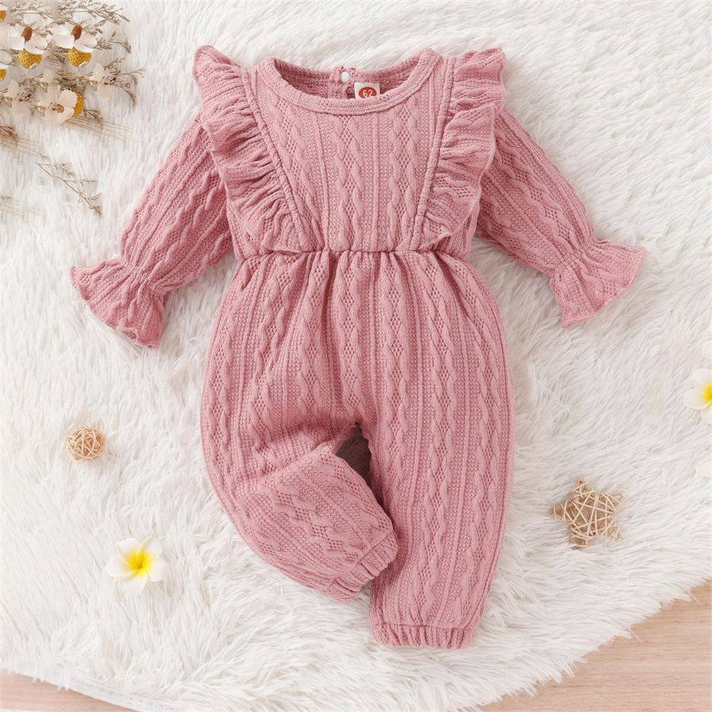 Solid Color Frill Trim Long Sleeve Baby Jumpsuit