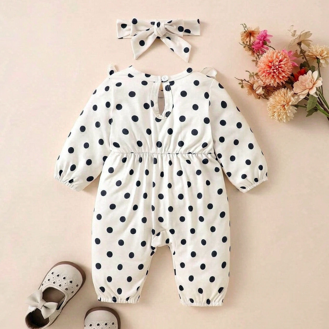 2PCS Quirky Polka Dots Printed Long Sleeve Baby Jumpsuit