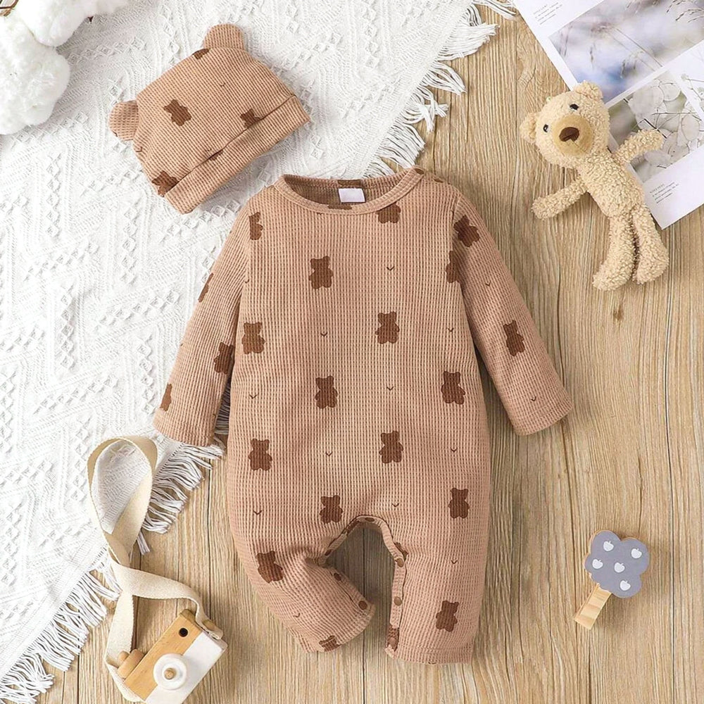 2PCS Classic Bear Print Waffle Long Sleeve Baby Jumpsuit