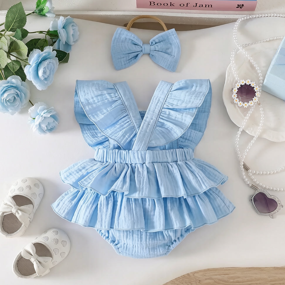 2PCS Sweet Hollow-out Floral Lace Flutter Sleeve Baby Romper