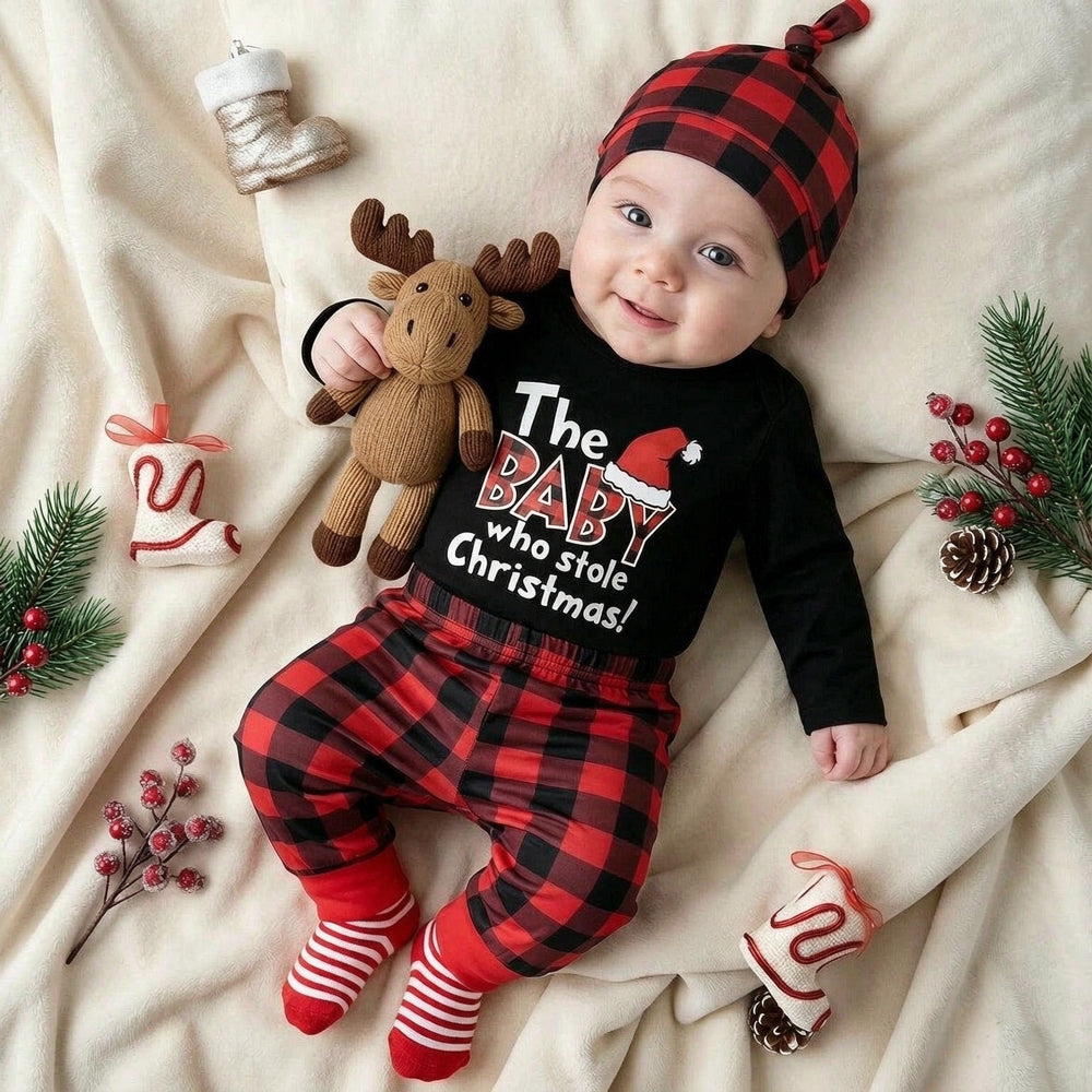 3PCS The Baby Who Stole Christmas Letter Plaid Print Baby Boy Set